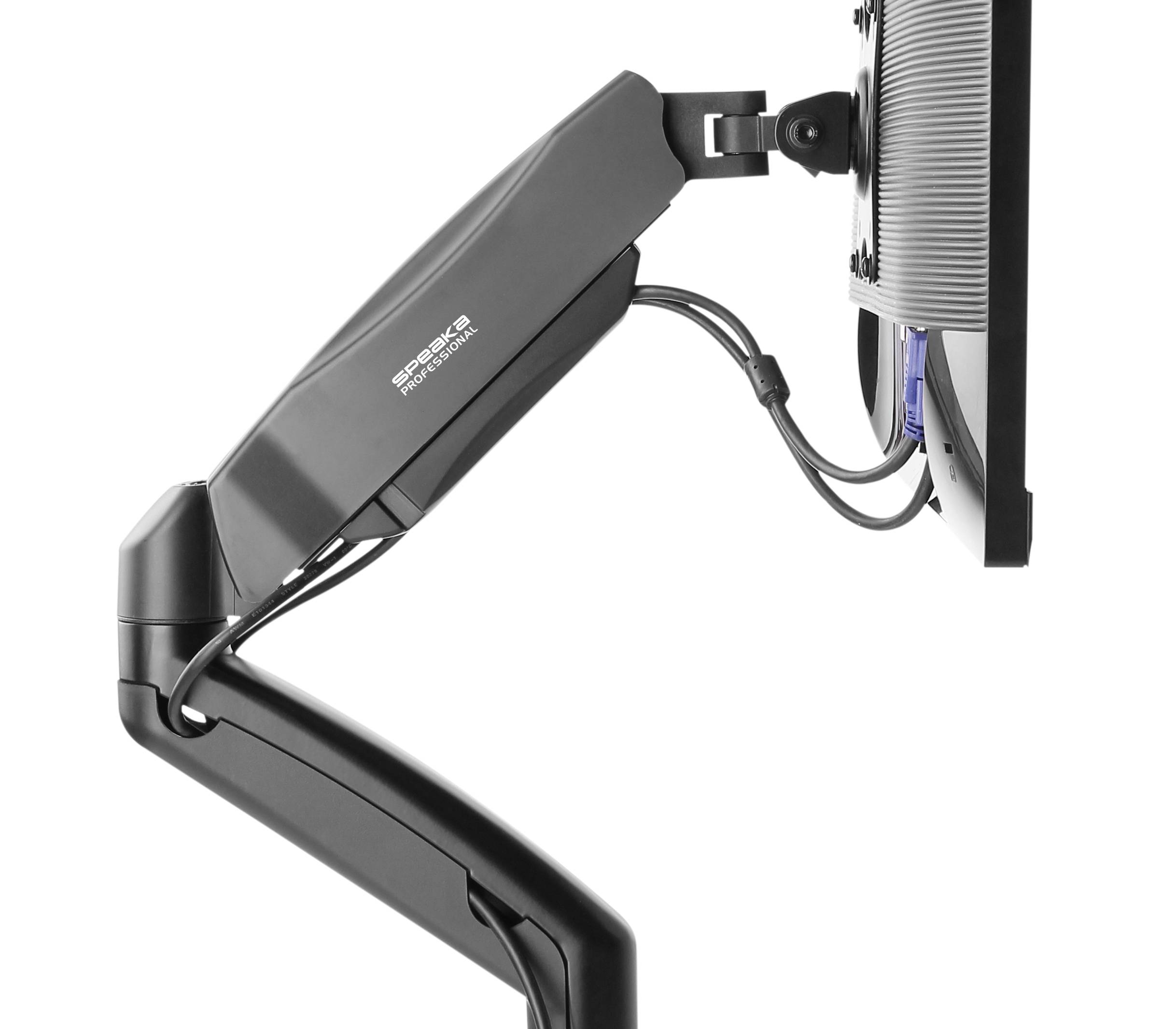 Een zwarte monitorstandaard met een schroefmechanisme dat een computermonitor draagt. Kabels lopen netjes door de houder.