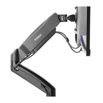 Een zwarte monitorstandaard met een schroefmechanisme dat een computermonitor draagt. Kabels lopen netjes door de houder.