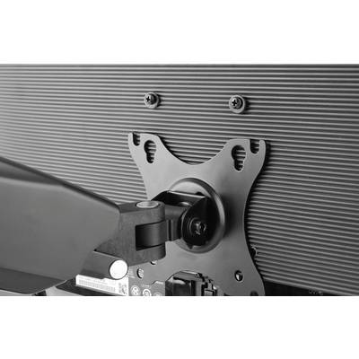 Achterkant van een monitor met een VESA-bevestiging waaraan een draaibare arm is gemonteerd.