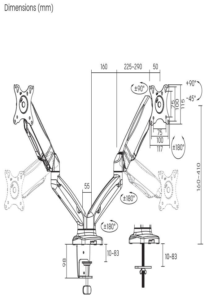 'Technische tekening van een dubbele monitorarm met afmetingen in millimeters, toont bewegingshoeken, hoogteverstelbare mogelijkheden en bevestigingsmethode.'