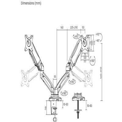 'Technische tekening van een dubbele monitorarm met afmetingen in millimeters, toont bewegingshoeken, hoogteverstelbare mogelijkheden en bevestigingsmethode.'