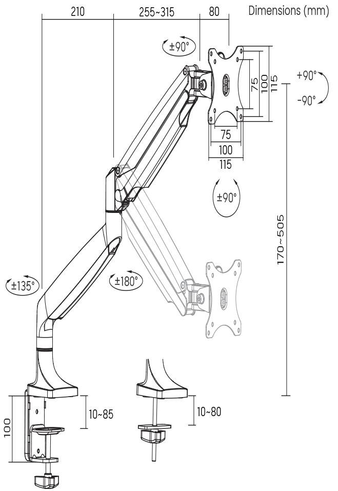 Technische tekening van een draaibare monitorarm met afmetingen in millimeters. Toont draaipunten en hoogteverstelbare mechaniek.