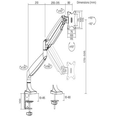 Technische tekening van een draaibare monitorarm met afmetingen in millimeters. Toont draaipunten en hoogteverstelbare mechaniek.