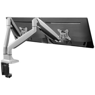 Dubbele monitorstandaard in zilver, geschikt voor het naast elkaar plaatsen van twee beeldschermen, ideaal voor ergonomische werkplekken.
