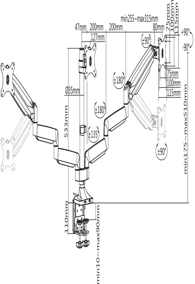 'Technical drawing of a triple monitor mount. Shows dimensions, rotation angles, and adjustment options of the mounting arms.'