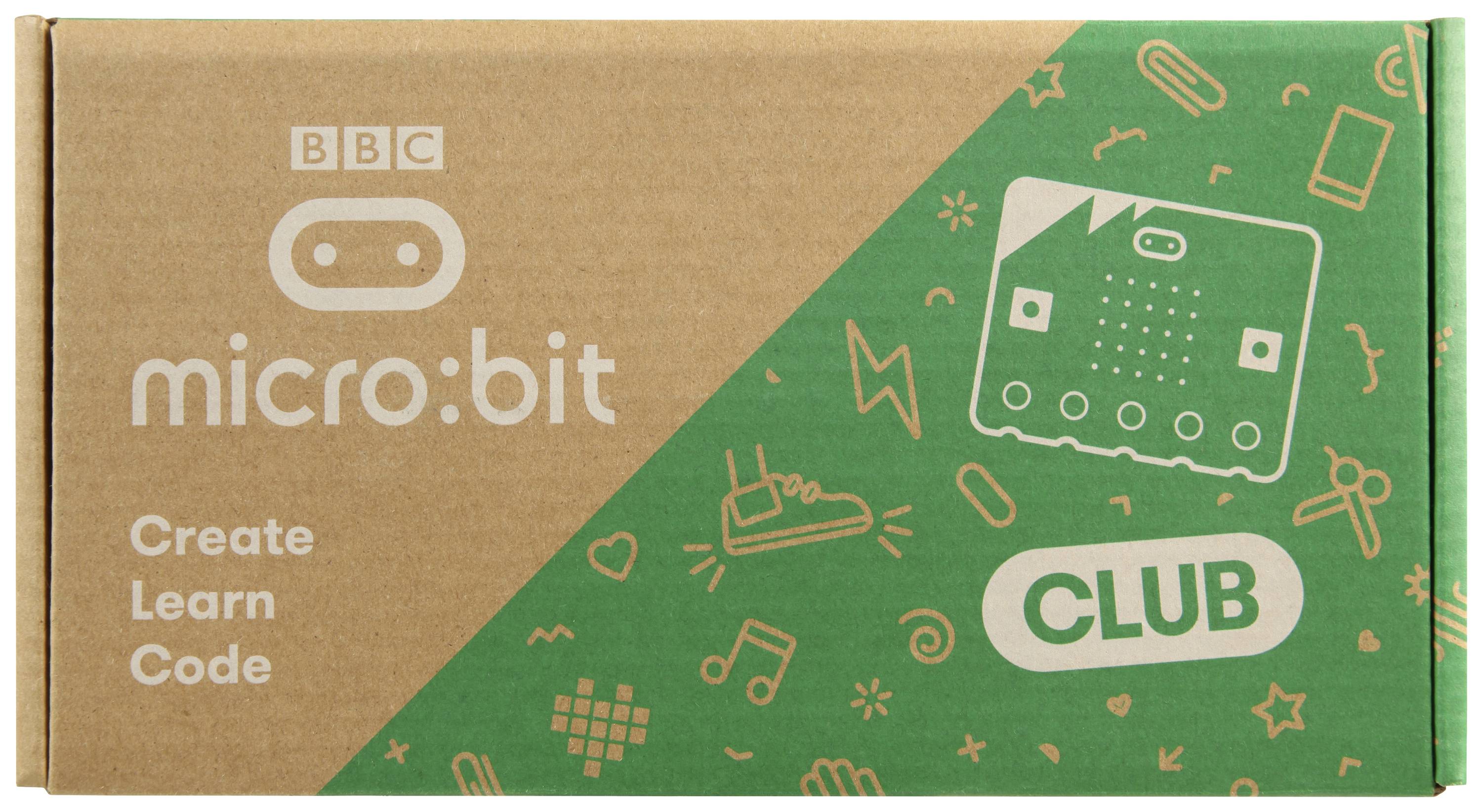 Een bruine en groene kartonnen doos met het opschrift 'BBC micro:bit Club'. Bevat symbolen voor technologie en onderwijs.