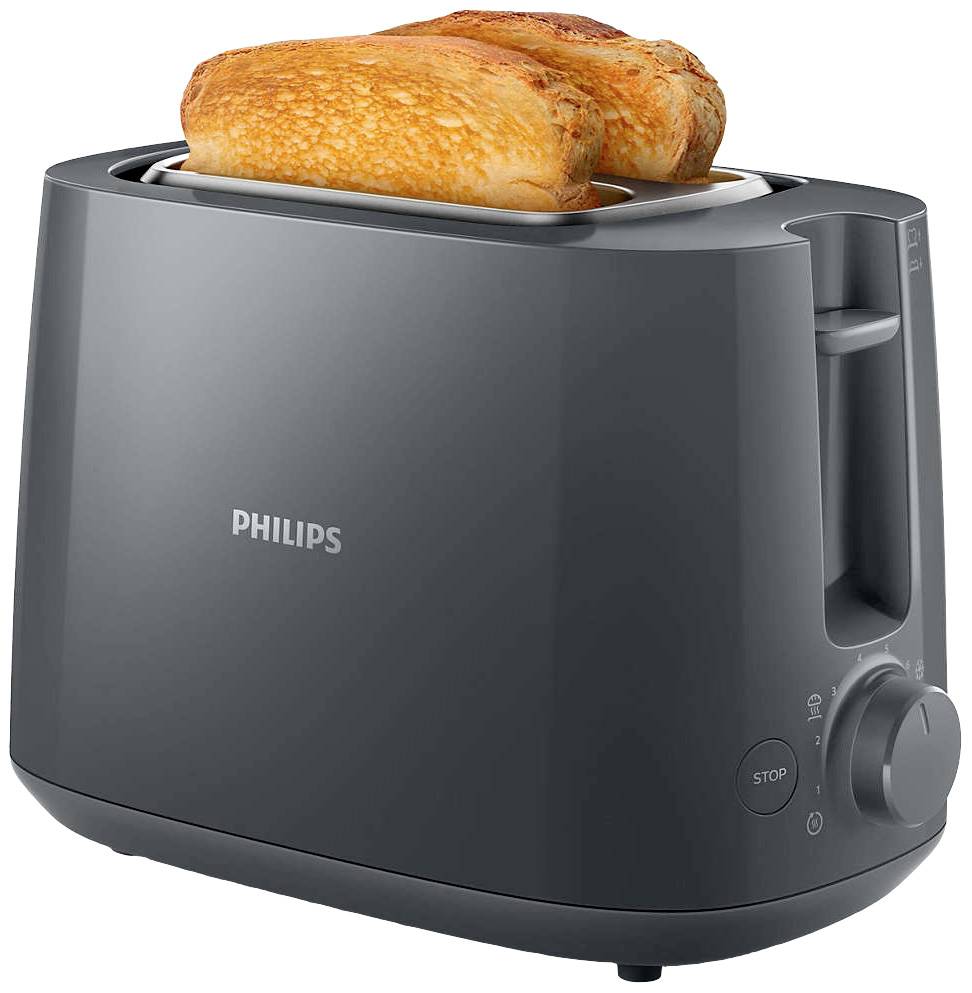 Een grijze broodrooster met twee geroosterde sneetjes brood, geproduceerd door het merk Philips.
