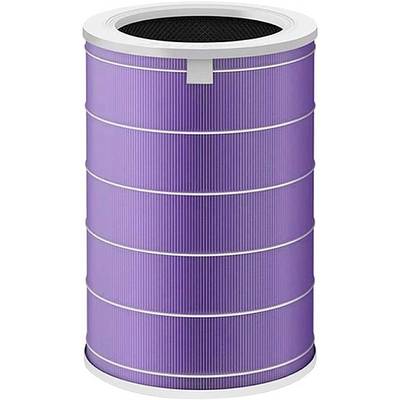 Een paarse cilindrische filter, vermoedelijk voor een luchtreiniger. Hij heeft meerdere horizontale witte ringen en een bovenste handgreep.