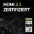 'HDMI 2.1 GECERTIFICEERD' opschrift op een technische achtergrond met logo's voor 'HDMI 2.1 GECERTIFICEERD' en 'ULTRA HOGE SNELHEID'