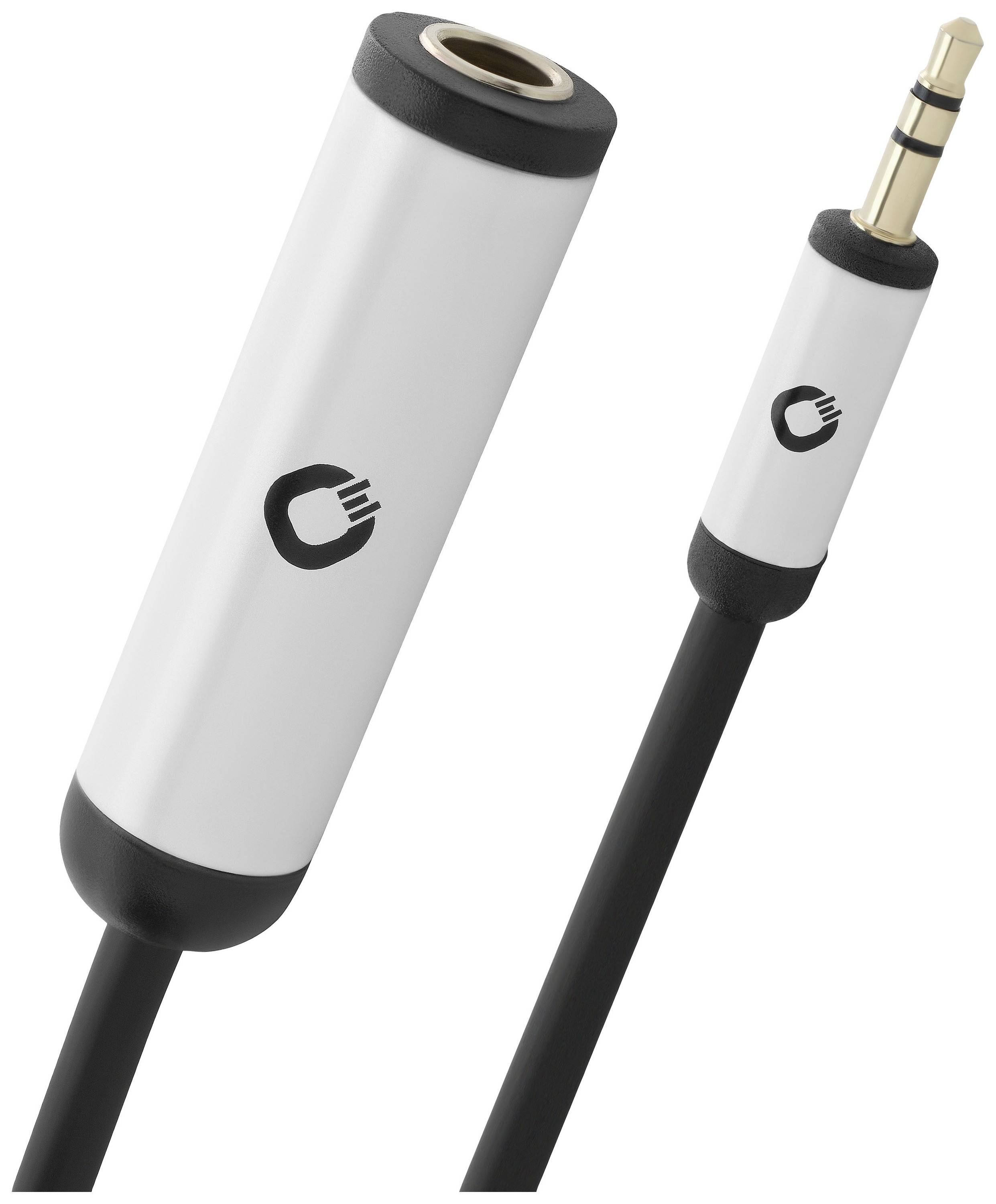 Adapterkabel met 3,5-mm-jackplug en -aansluiting in zwart-wit. Geschikt voor het aansluiten van audioapparatuur.