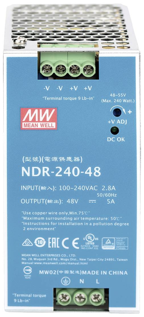 Voedingsmodule met blauwe voorkant, model NDR-240-48 van Mean Well. Ingang: 100-240VAC, Uitgang: 48V, 5A.