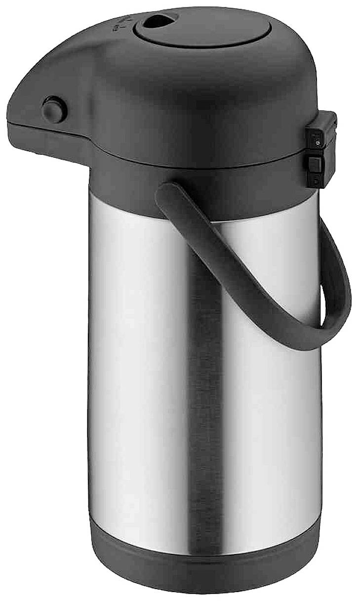 Zilveren thermoskan met zwarte deksel en handvat; ontworpen voor warme dranken.