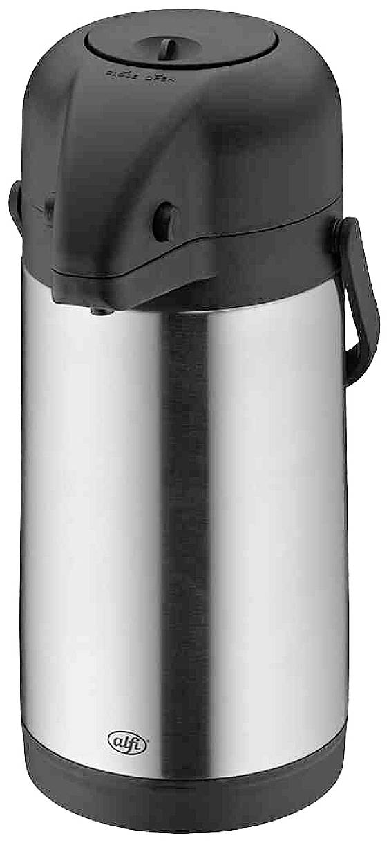 Een zilveren thermoskan met zwarte deksel en pompmechanisme, ideaal voor warme dranken. Hij beschikt over een handgreep aan de zijkant.