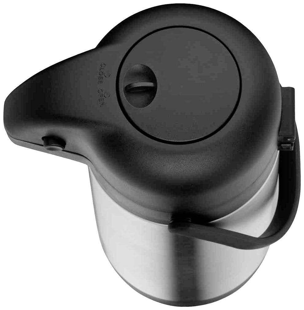 Thermoskan met zwarte deksel en handvat. Bovenaanzicht toont vulopening. Roestvrijstalen ontwerp zorgt voor isolatie en houdt dranken warm.