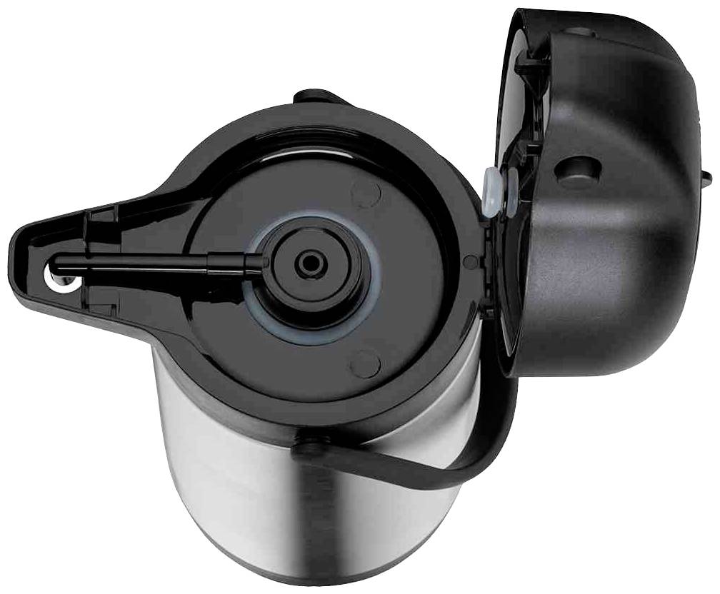 Een geopende isoleerkruik met deksel, bekeken van bovenaf. Toont het zwarte binnenstuk en het schenkmechanisme.