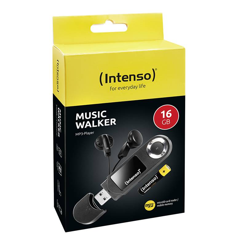 Zwarte verpakking met geel bovenste deel, toont 'Intenso Music Walker' MP3-speler met 16 GB, oordopjes en USB-aansluiting.