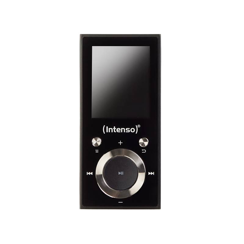 MP3-speler van Intenso met display en bedieningsknoppen. Toont knoppen voor afspelen/pauzeren, vooruit, achteruit en volume.