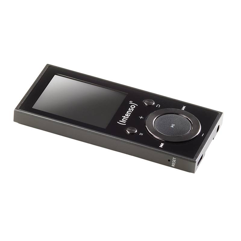 Zwarte draagbare MP3-speler met display en bedieningsknoppen aan de voorkant, geschikt voor muziekentertainment onderweg.