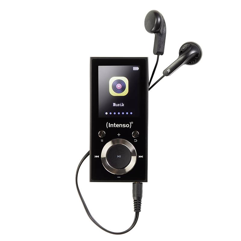 Een draagbare MP3-speler met bekabelde oordopjes, waarbij het scherm een muziek-app toont. Het merk 'Intenso' is zichtbaar.