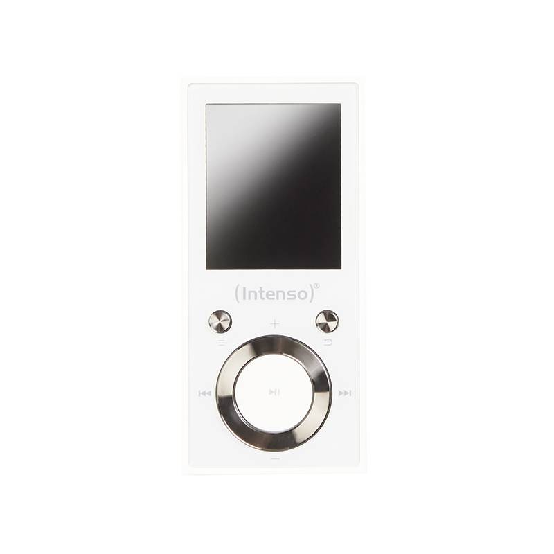 Een witte MP3-speler met een scherm en bedieningsknoppen eronder.