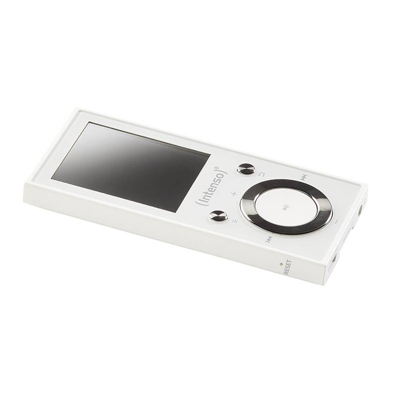 Een draagbare witte MP3-speler met een klein scherm en ronde bedieningsknoppen eronder, met name afspeel- en volumeknoppen.