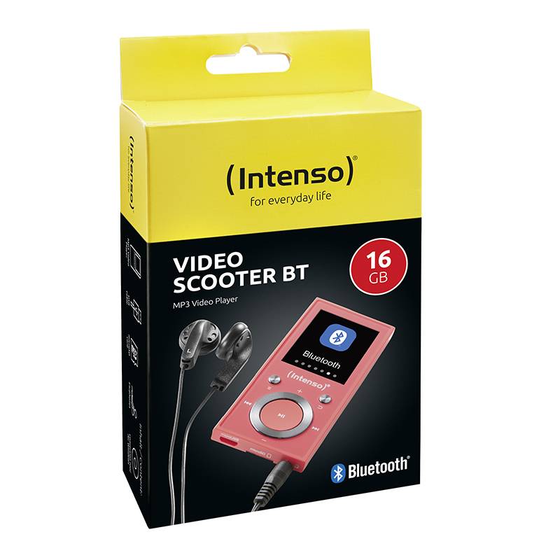 Verpakking van de Intenso Video Scooter BT MP3-speler. Toont het apparaat, de kleur is rood, capaciteit 16 GB. Bevat hoofdtelefoon.