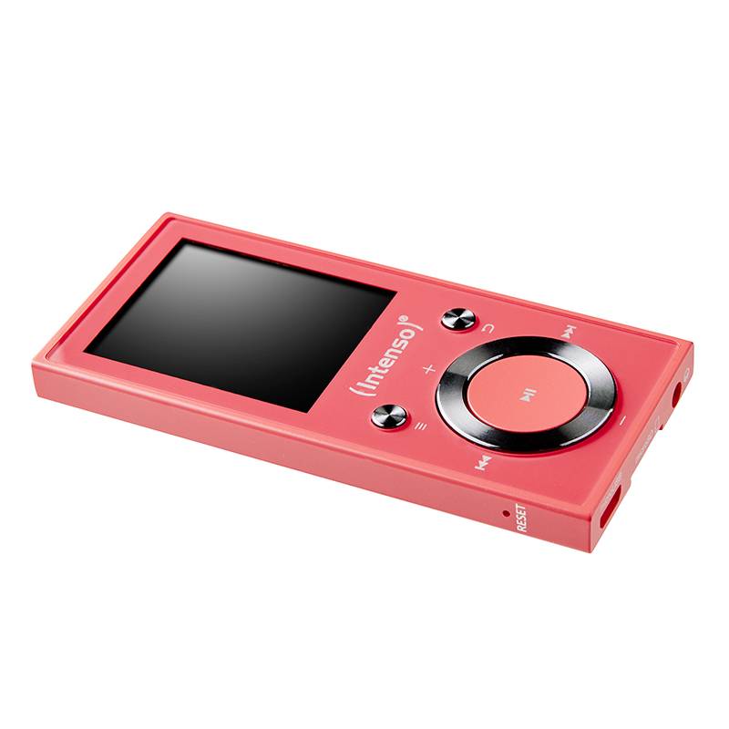 Een rode MP3-speler met display en bedieningsknoppen, inclusief afspeel-/pauzetoetsen, vooruit- en achteruittoetsen.
