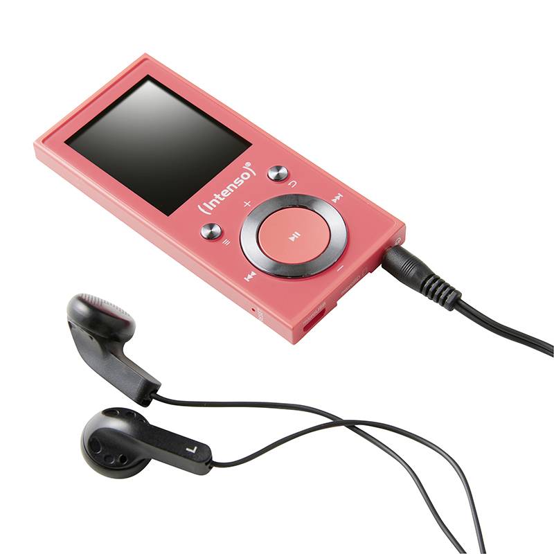 Een roze MP3-speler met display en bedieningsknoppen, verbonden met zwarte oordopjes.