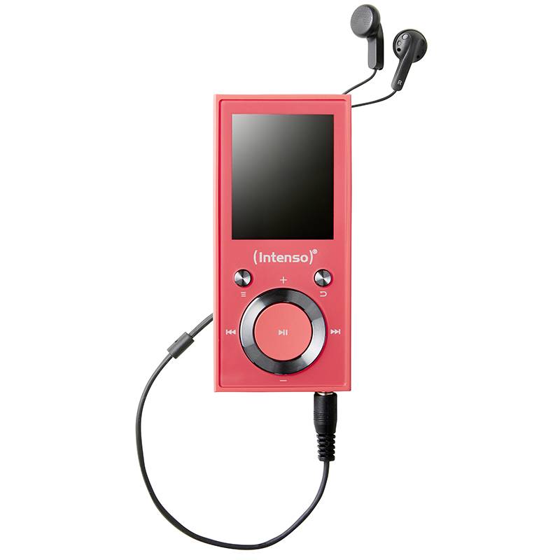 Rode draagbare MP3-speler met klein scherm en bedieningsknoppen, zwarte oordopjes aangesloten; model van het merk Intenso.