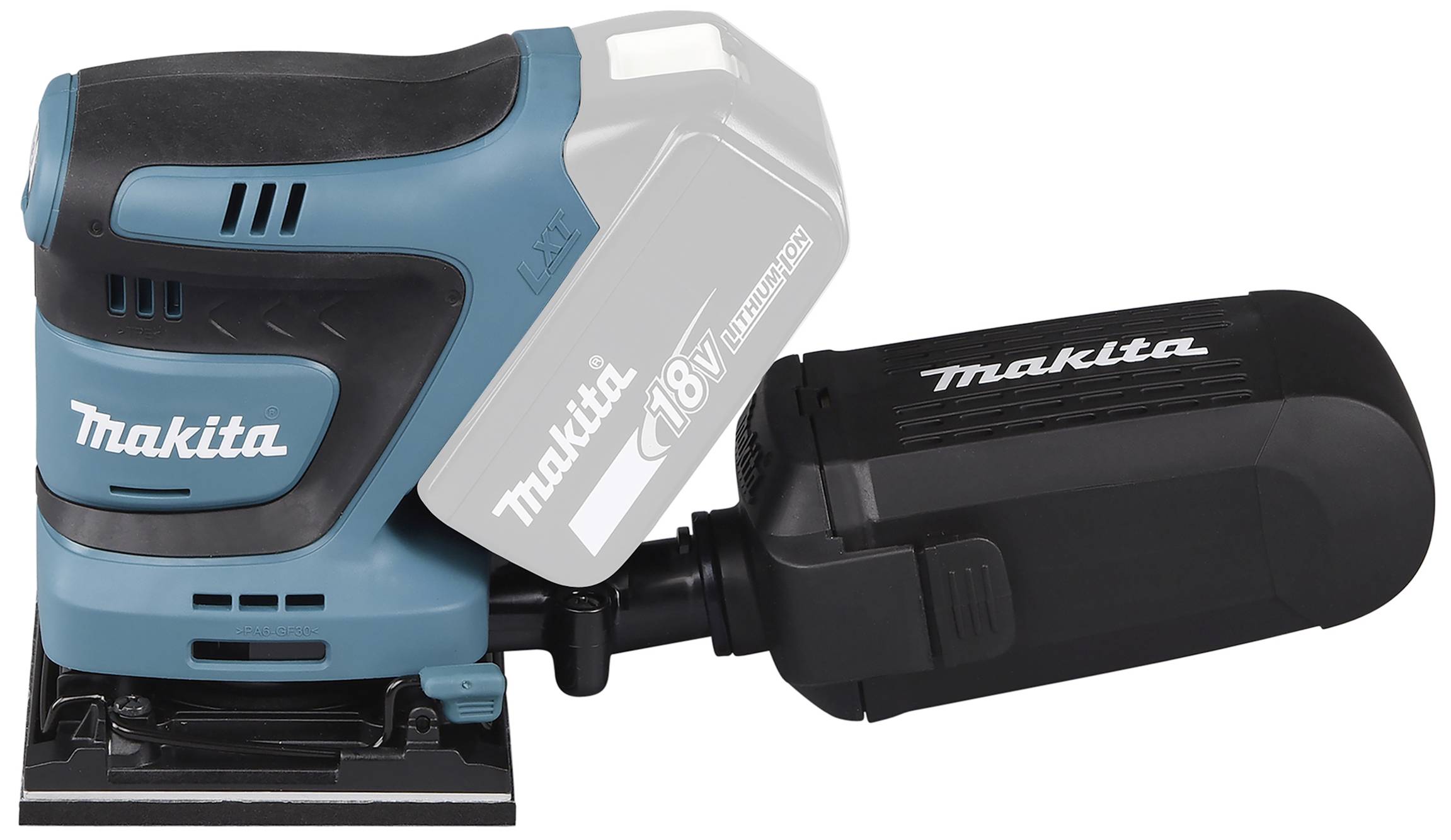 Accustroomgevoede blauwe en zwarte Makita vlakschuurmachine met rechthoekige schuurplaat en stofopvangbak.