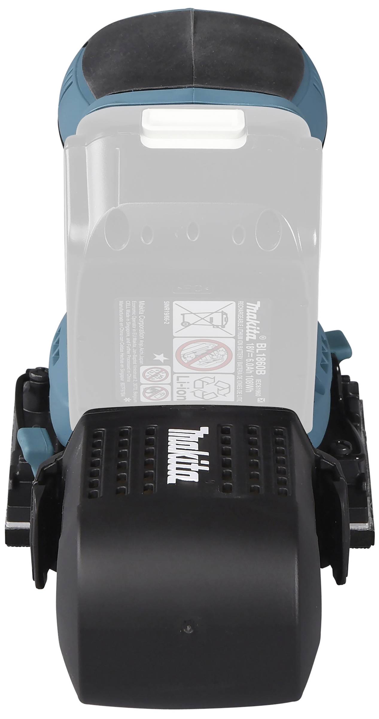 Accustroomgeslepen machine met blauw-zwart design. Vooraanzicht toont merk en accudeksel. Krachtig elektrisch gereedschap.