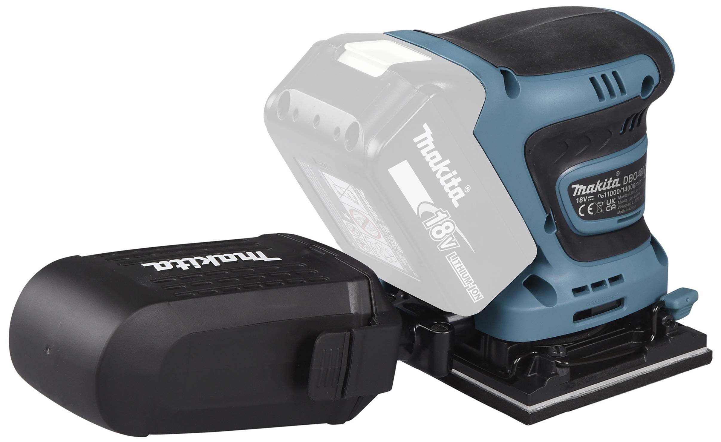 Slijpmachine van Makita met verwijderbare batterij, modelnummer zichtbaar. Geschikt voor houtbewerkingen, ergonomisch ontwerp.