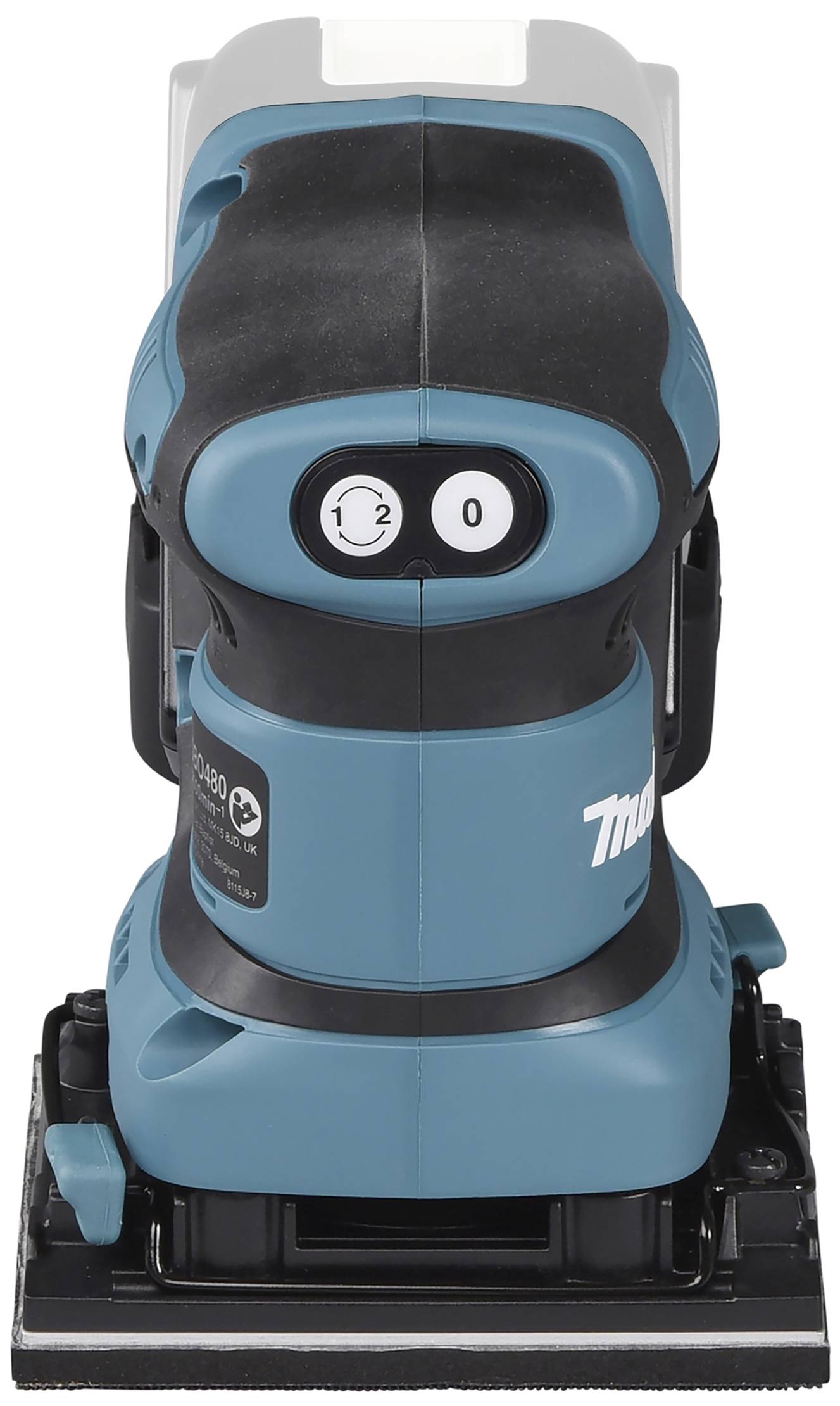 Een blauwe, rechthoekige elektrische schuurmachine met twee snelheidsstanden, aan de voorkant genummerd met '1' en '2', op een gladde oppervlakte.