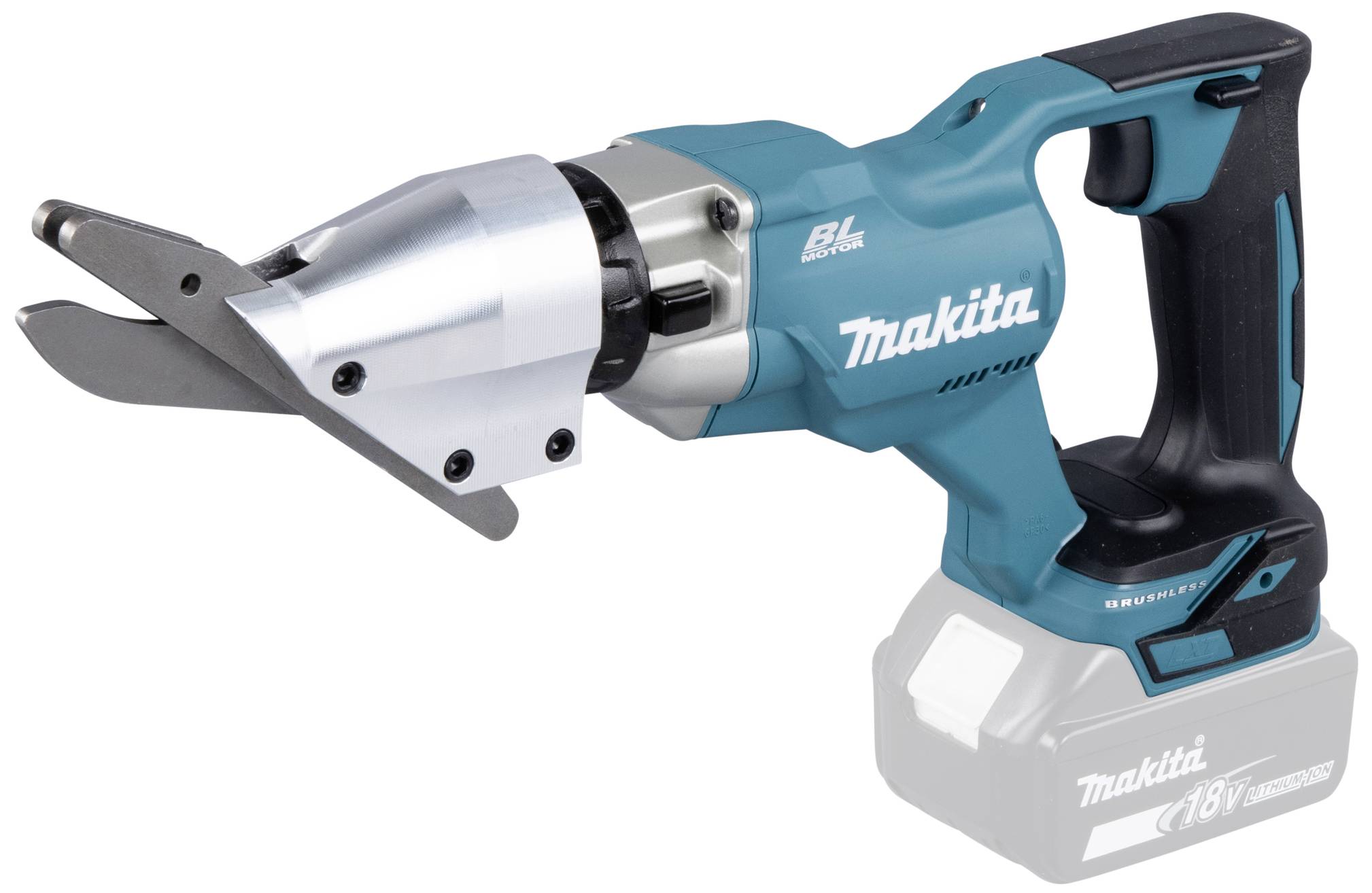 Accubetriebende schaar met blauw-zwarte handgreep, geschikt voor het knippen van metaal. Hij draagt het merklogo en beschikt over een 18V-accuvak.