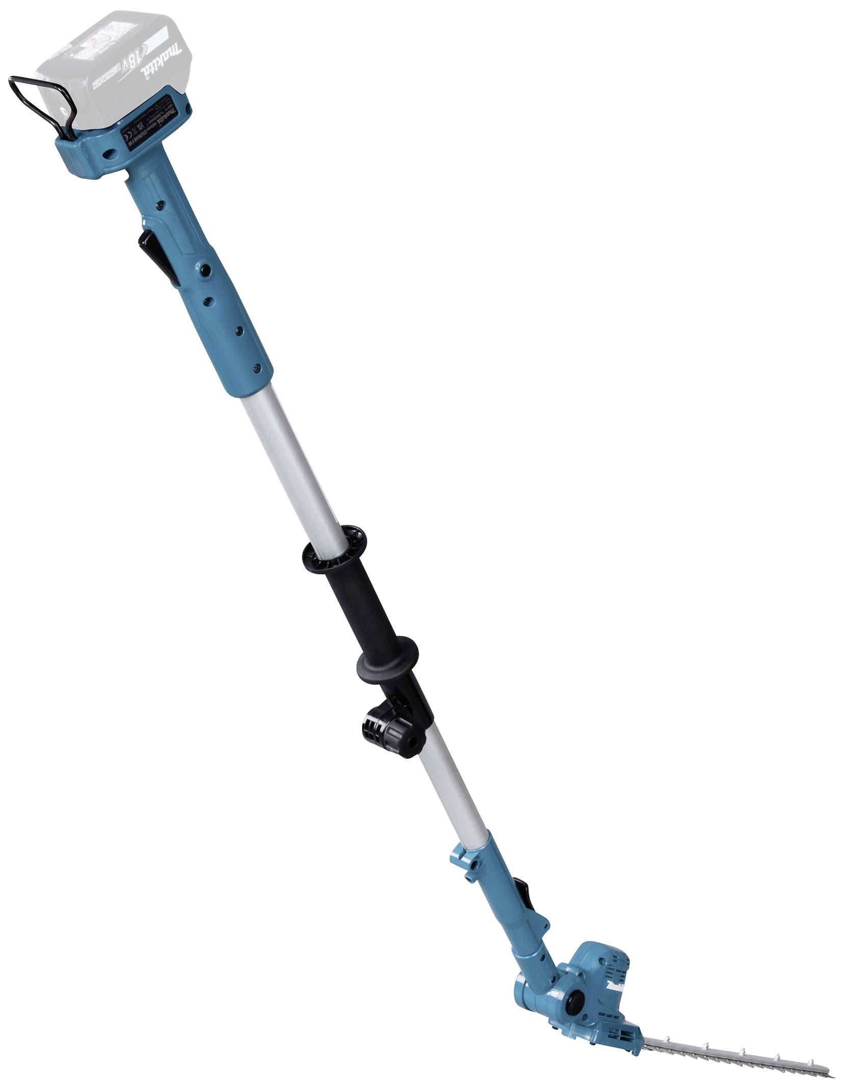 Telescopische heggenschaar met blauwe handgreep en verstelbare kop. Ideaal voor het knippen van hoge hagen en moeilijk bereikbare plekken.