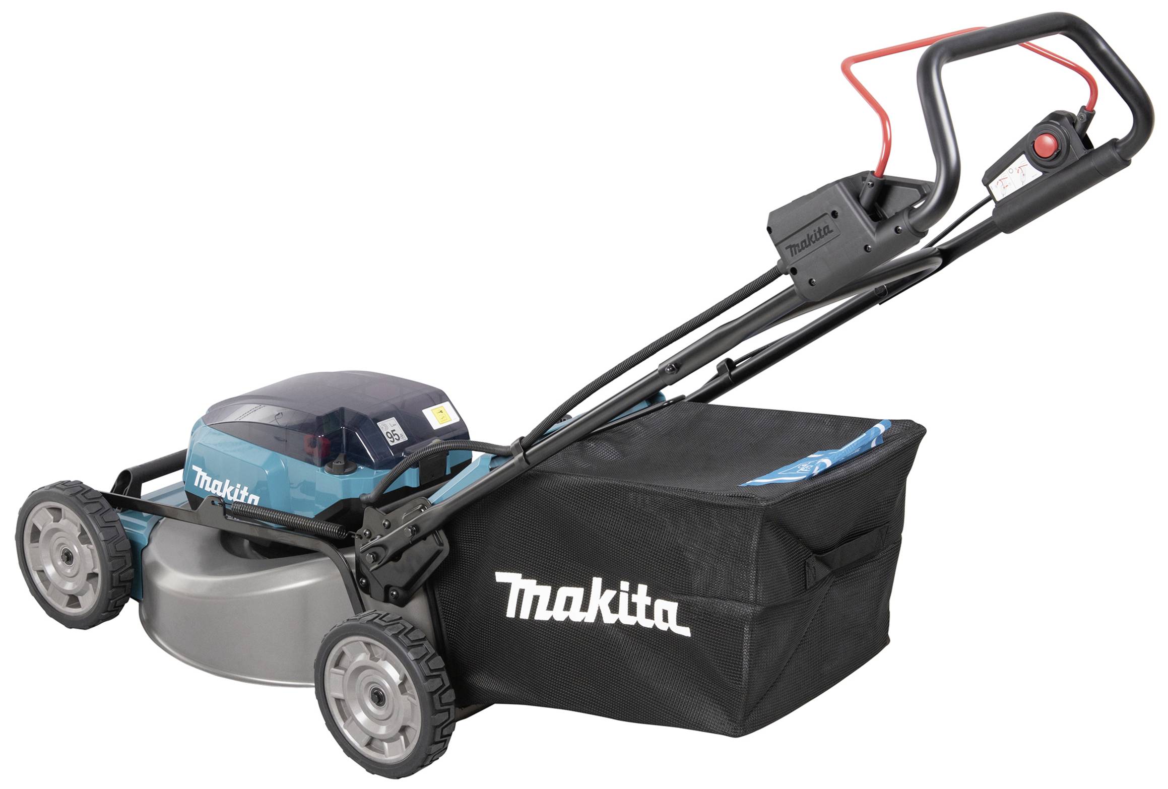 Grasmaaiers van Makita met blauwe behuizing en opvangbak, geschikt voor middelgrote tot grote tuinen, eenvoudig te bedienen dankzij stabiele wielen.