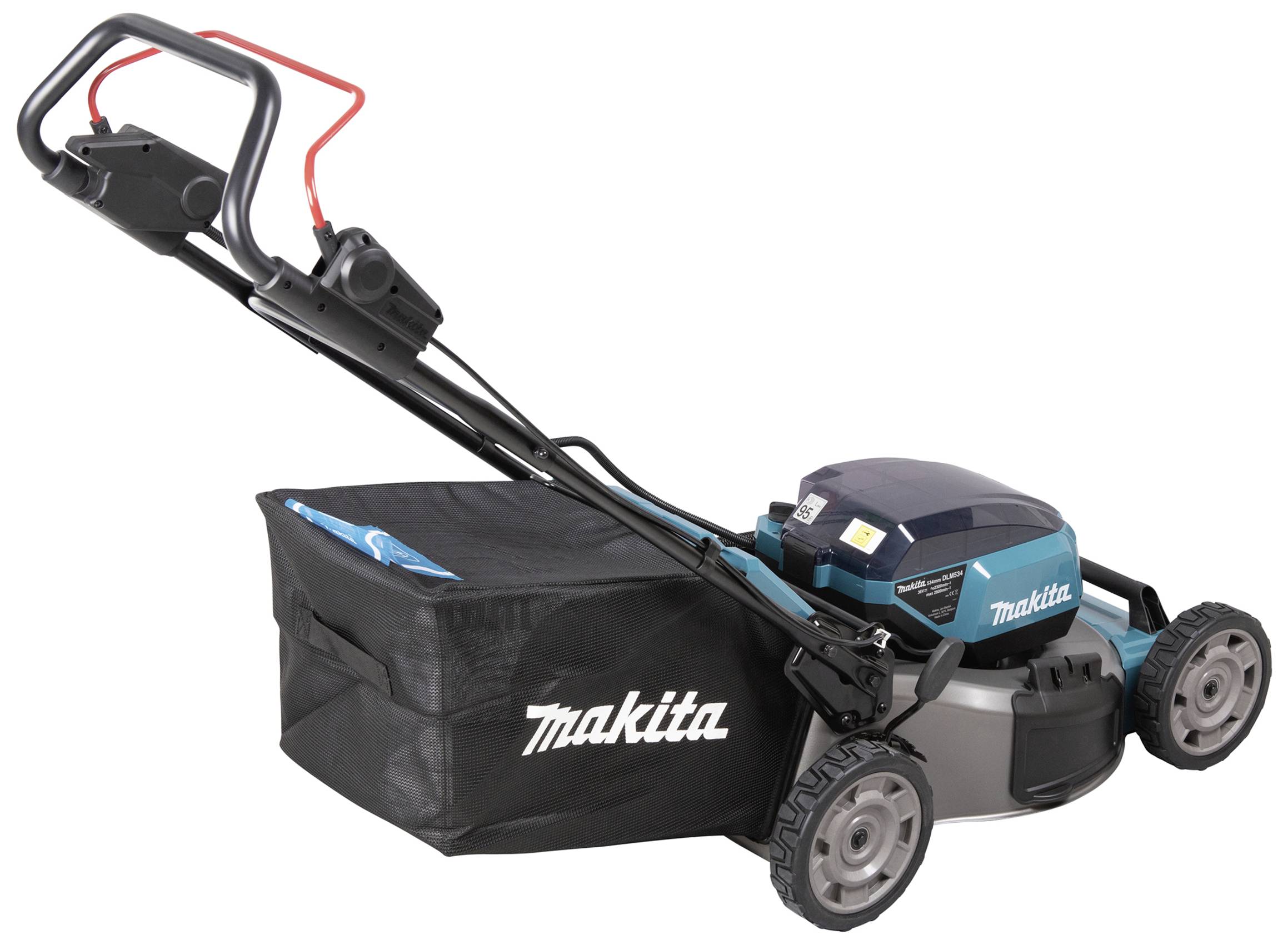 Een blauwe en zwarte grasmaaier met opvangbak, met het merkenlogo 'Makita'. De maaier is gefotografeerd vanaf de zijkant.