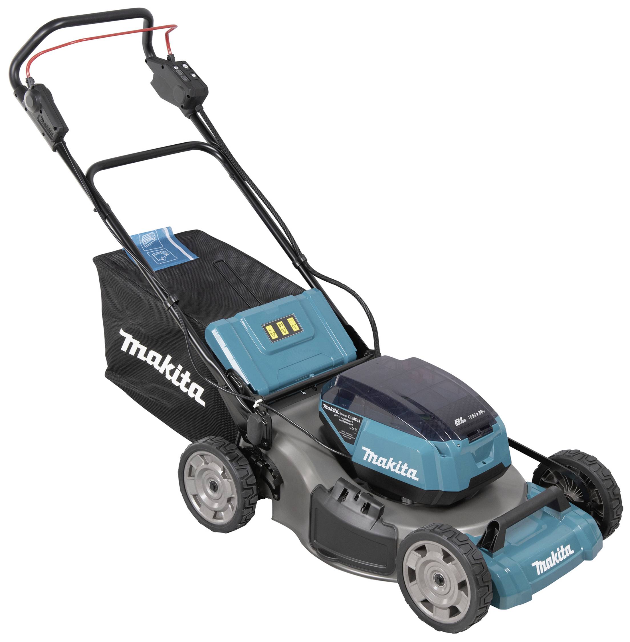 Een blauwe grasmaaier met een zwarte handgreep en wielen. Hij heeft vooraan het merk 'Makita' gedrukt en achteraan een zwarte opvangzak voor het gras.