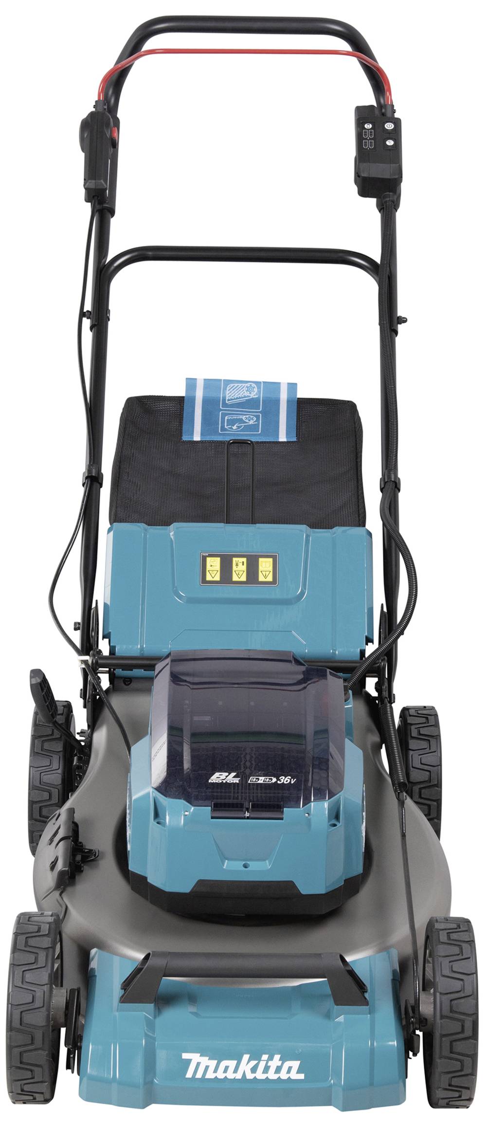 Accuradiateur met blauwe behuizing en zwarte handgreep, aangedreven door een lithium-ion accu, op een witte achtergrond.