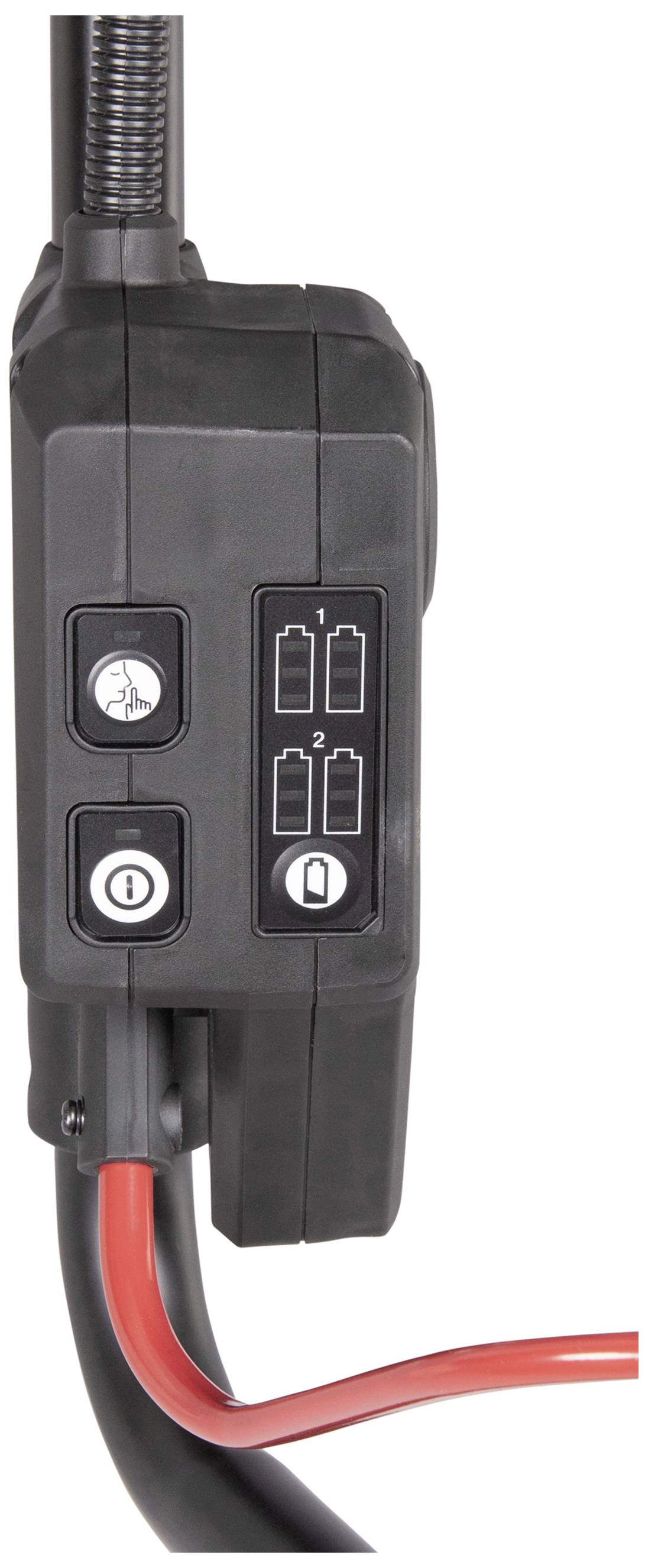 Zwart-rood kabelsysteem met aansluitingen en schakelaars, waaronder twee controlelampjes en twee drukknoppen.