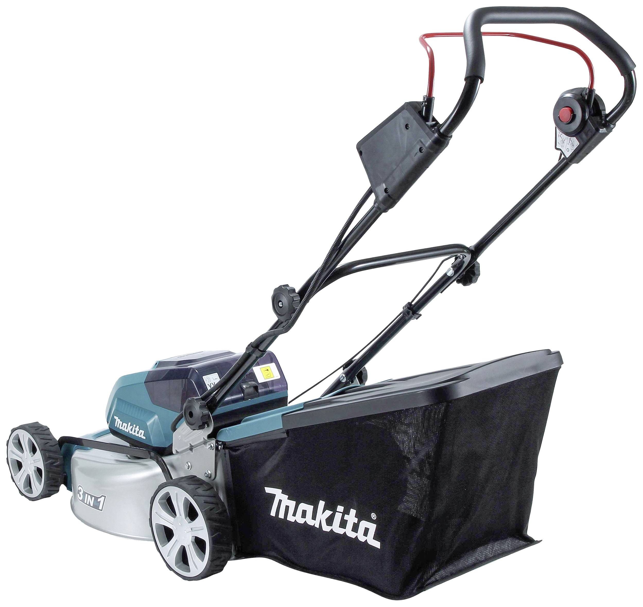 Grasmaaier met zwart en groen behuizing, vier wielen. 'Makita' merk op de opvangzak. Accugedreven, ergonomisch handvat.