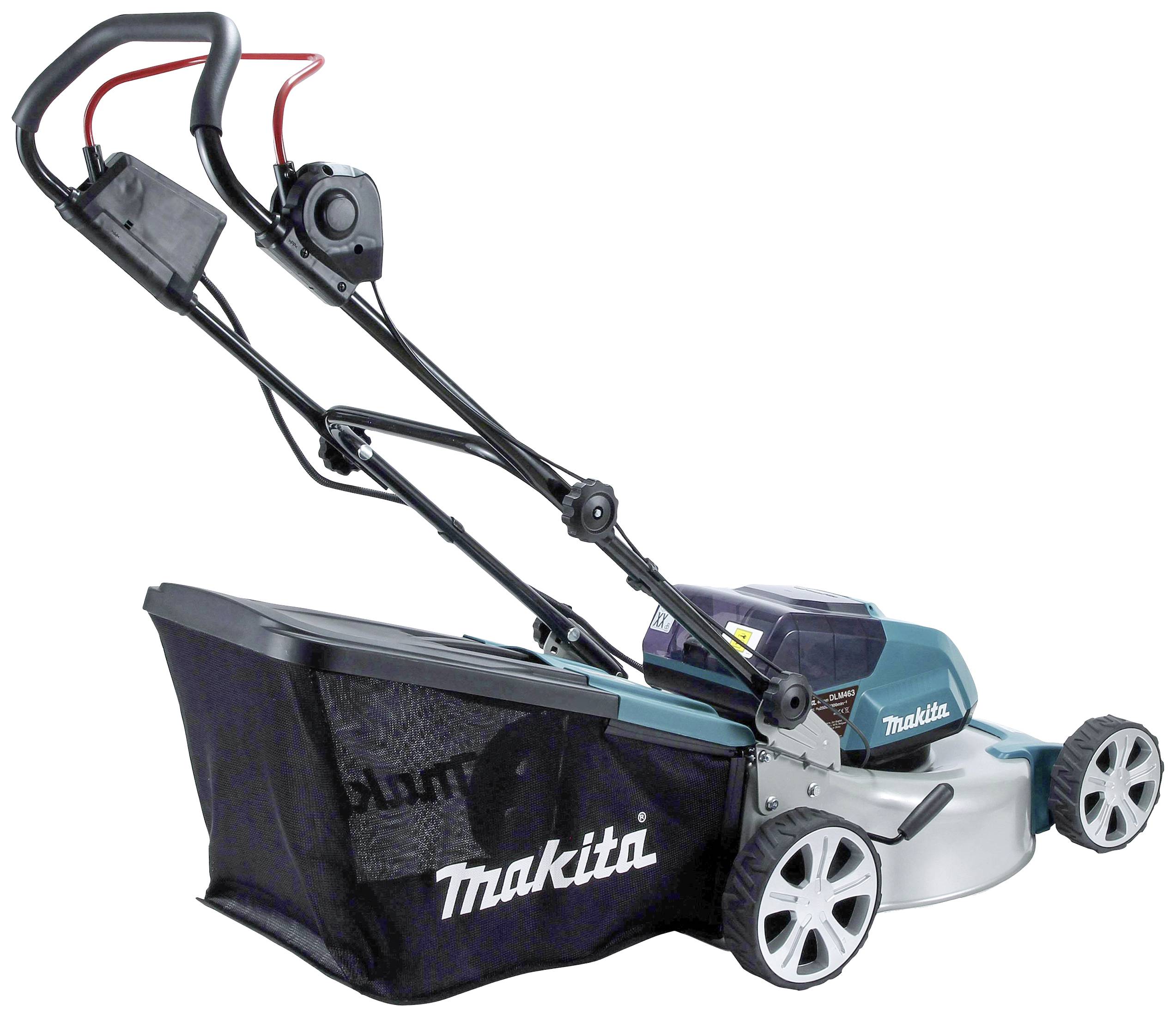 Een Makita grasmaaier, model met opvangbak, vier wielen en verstelbaar handvat. Geschikt voor het onderhoud van kleine tot middelgrote tuinen.