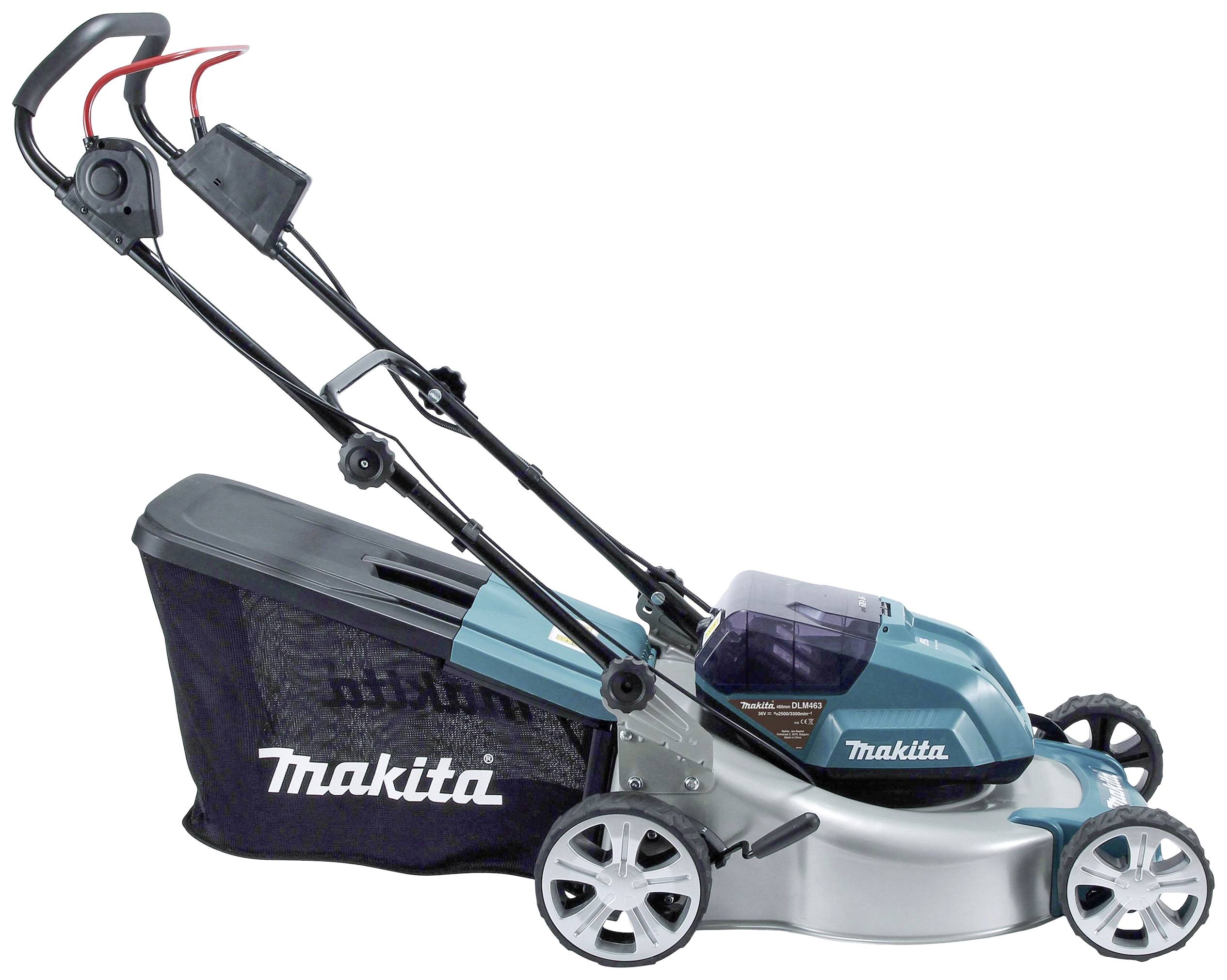Elektrische grasmaaier van Makita met opvangbak, blauw en zwart, zijaanzicht op witte achtergrond.