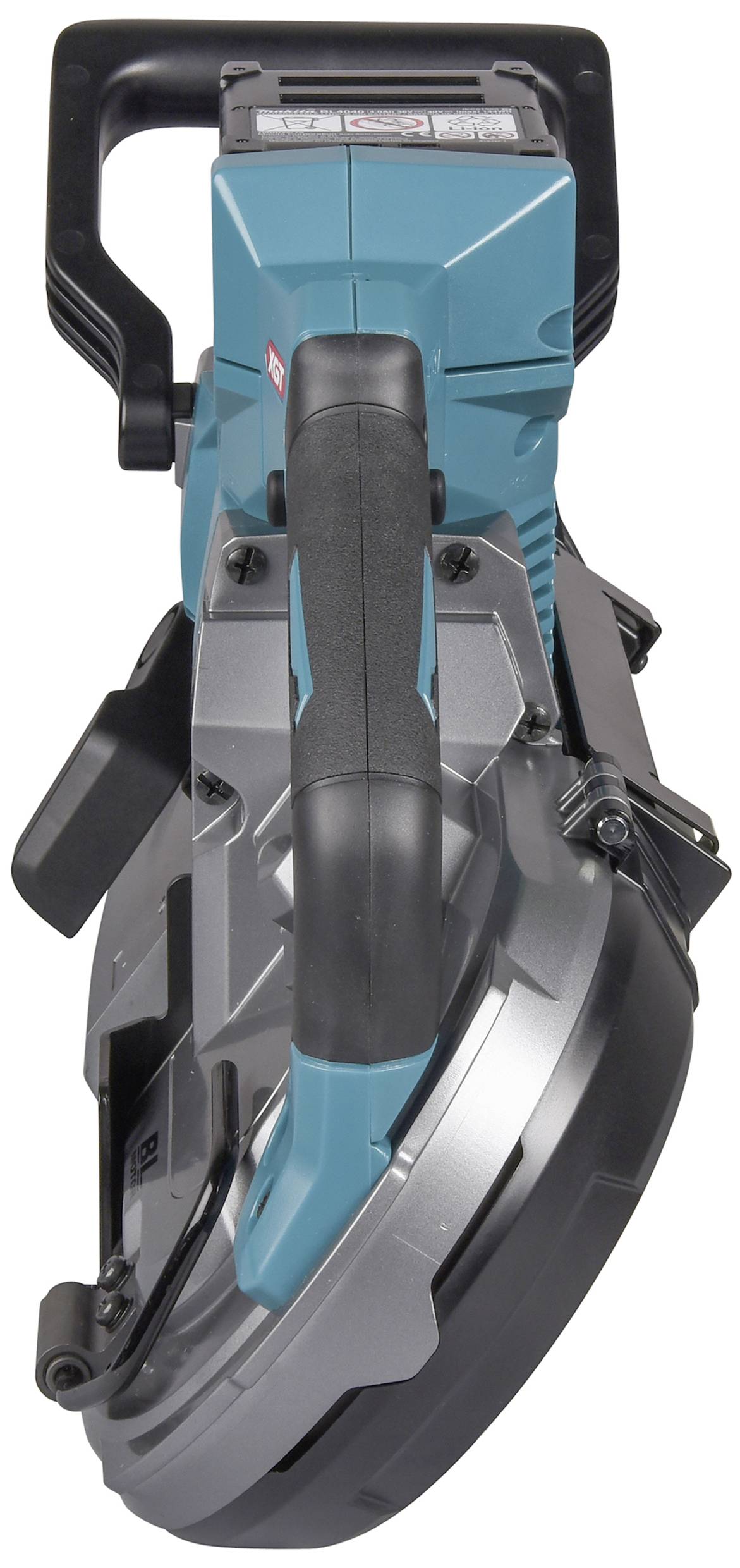 Bovenaanzicht van een blauwe lintzaag met zwarte handgreep. De machine heeft een zilveren zaagblad en oogt stevig en krachtig.