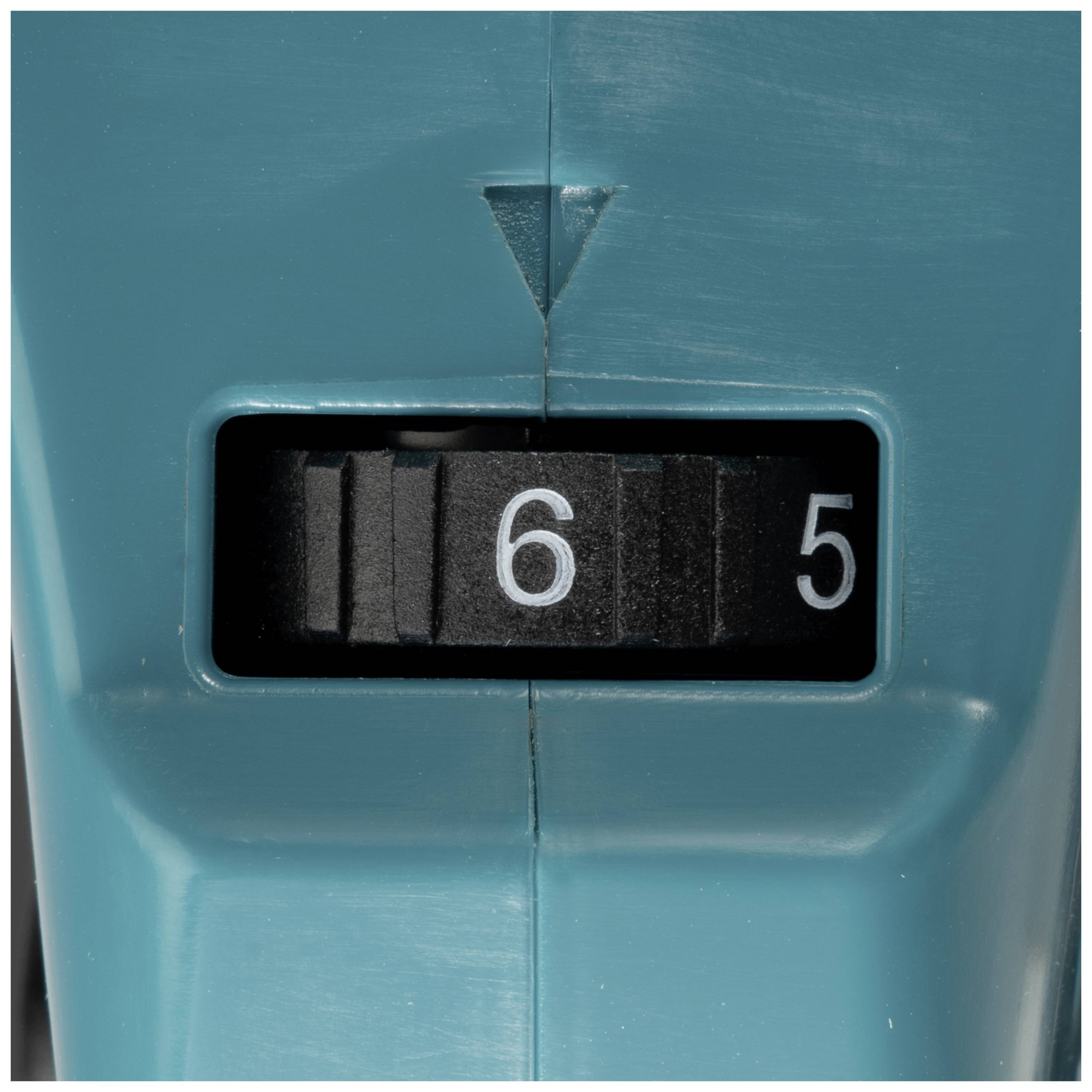 Draaiknop met de getallen 6 en 5 op een blauw apparaat, ingesteld op 6. Indicator wijst naar het ingestelde getal.