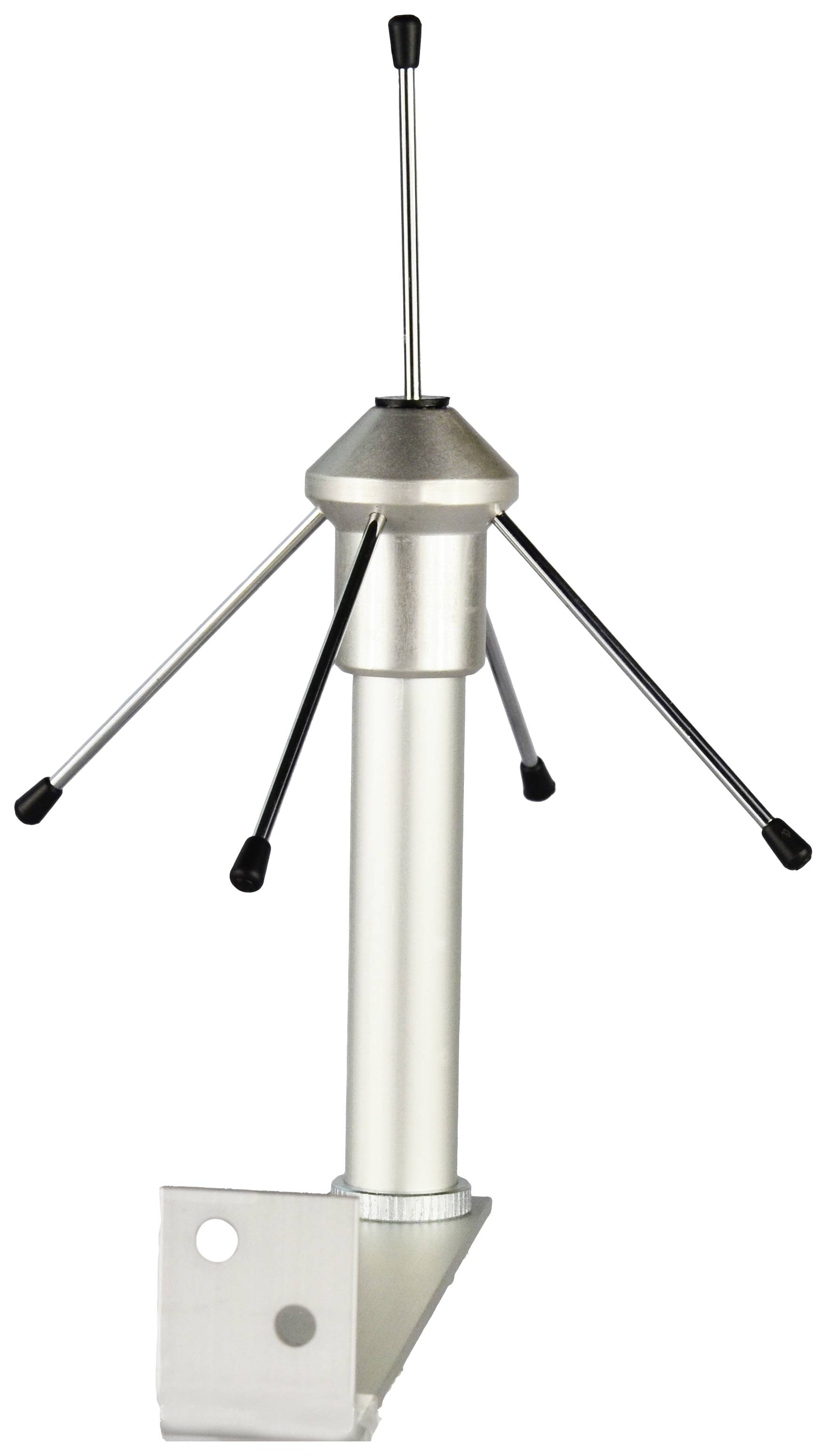 Metalen bliksemafleiderantenne met een puntige kop en vier uitstekende armen, gemonteerd op een verticale stang met bevestigingssteun.
