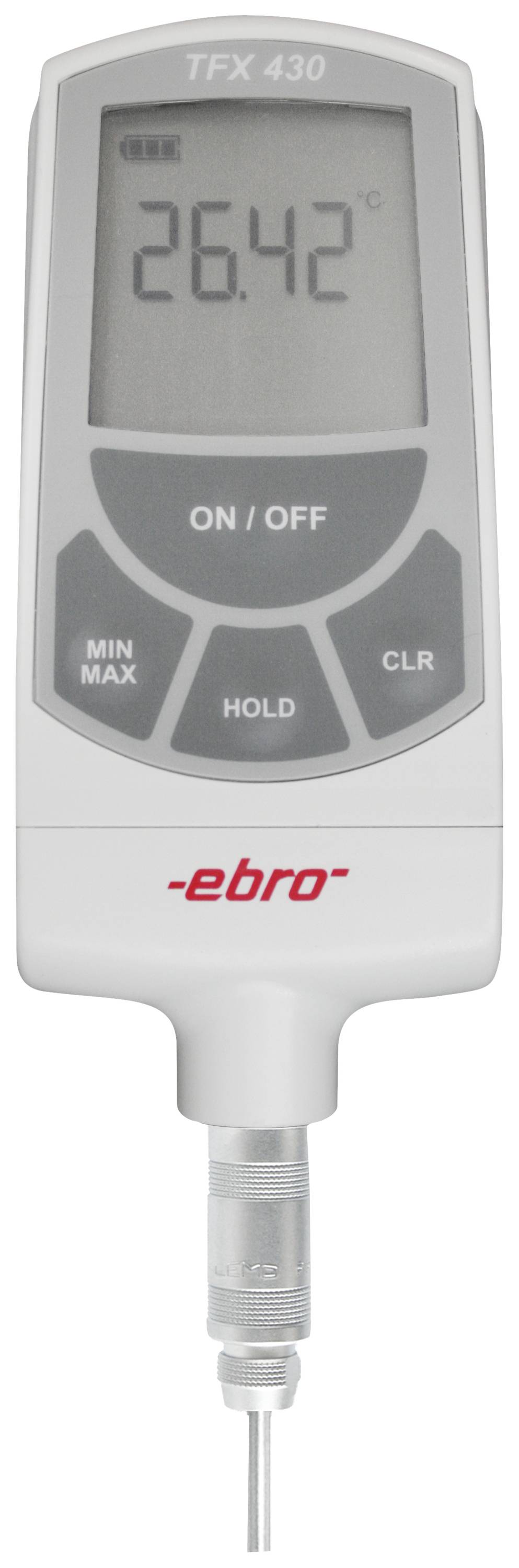 'Digitale Thermometer TFX 430 geeft 26,42°C aan. Toetsen voor Aan/Uit, Min/Max, Vasthouden en Wissen. Ebro-logo onderaan.'