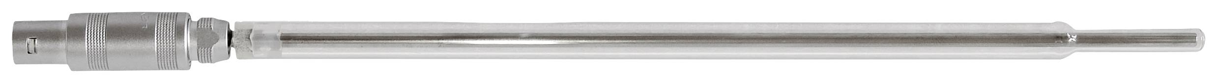 Een glanzende metalen pen met een cilindrische greep en punt, mogelijk een gereedschap of onderdeel van een technisch apparaat.