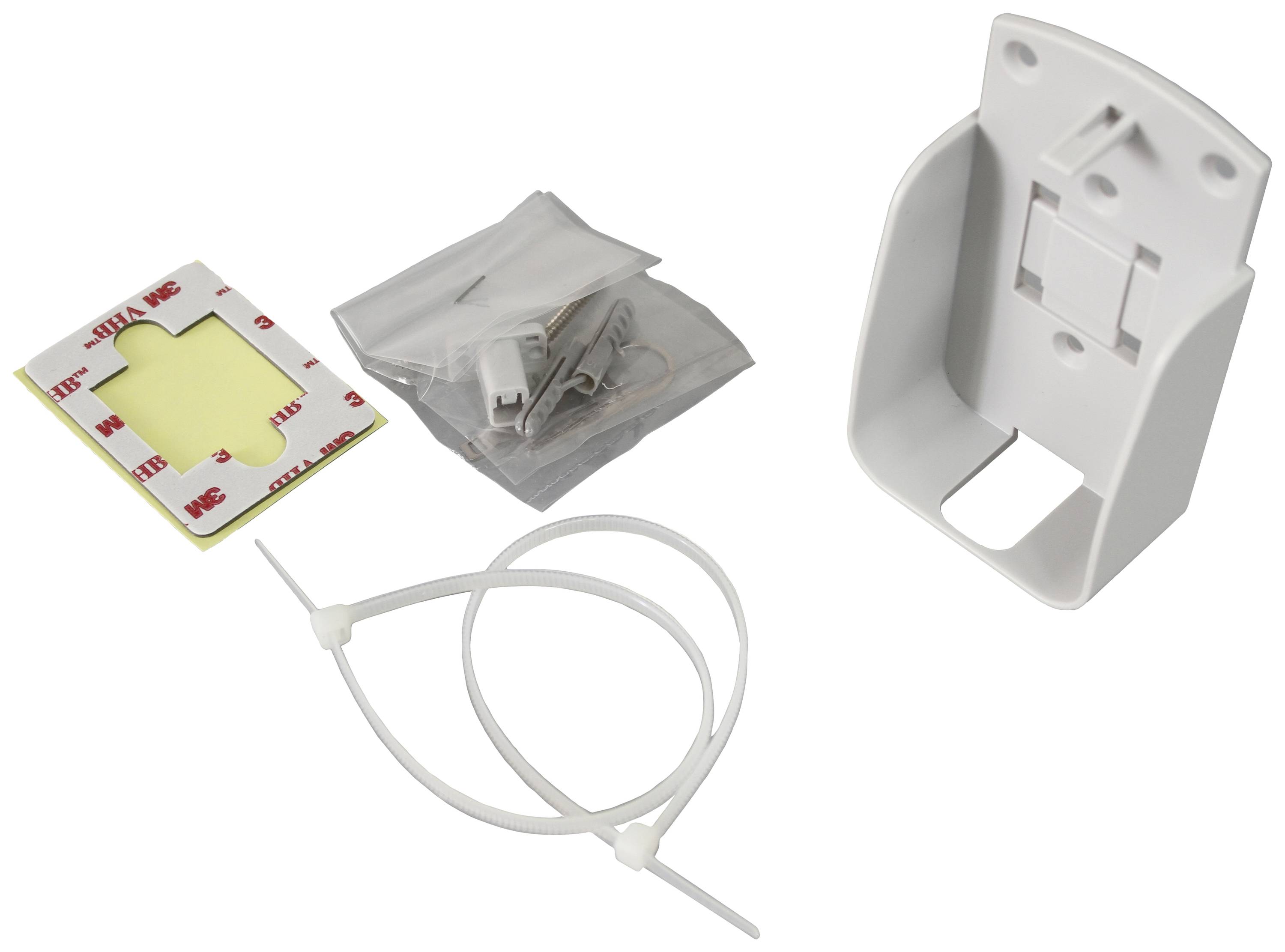Montageset met kunststof bevestiging, dubbelzijdig plakband, kabelbinders en schroeven. Ideaal voor het bevestigen van kleine apparaten aan muren.