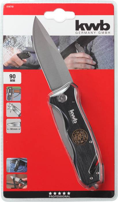 Vouwmes op rode achtergrond. Verpakking toont toepassingen: Snijden, Houtsnijden. Lengte 90 mm, Merk 'kwb Germany GmbH'.